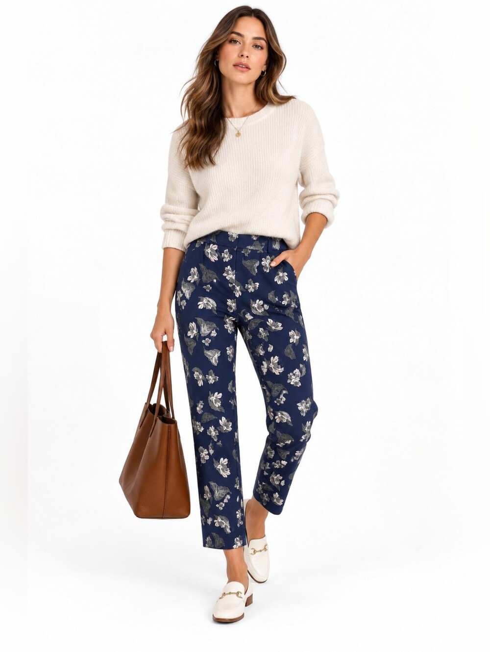 Dalia Navy w Baby Pink & White Floral Ankle Pants – Size 8 EUC